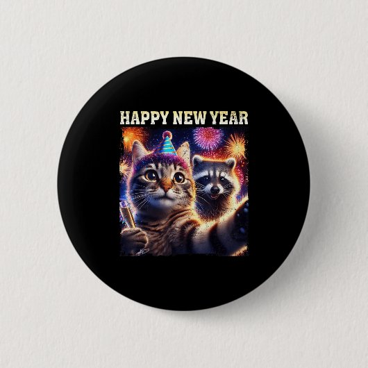 Happy New Year 2026 Cute Cat Raccoon Celebration  Button (Vorderseite)