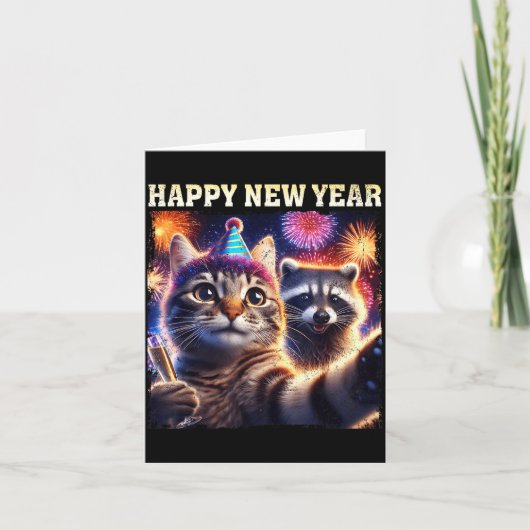 Happy New Year 2026 Cute Cat Raccoon Celebration Karte (Vorderseite)