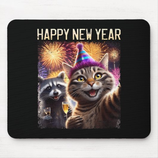 Happy New Year 2026 Cute Cat Raccoon Celebration Mousepad (Vorne)