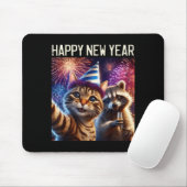 Happy New Year 2026 Cute Cat Raccoon Celebration  Mousepad (Mit Mouse)