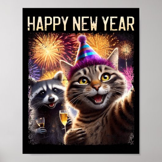 Happy New Year 2026 Cute Cat Raccoon Celebration Poster (Vorne)