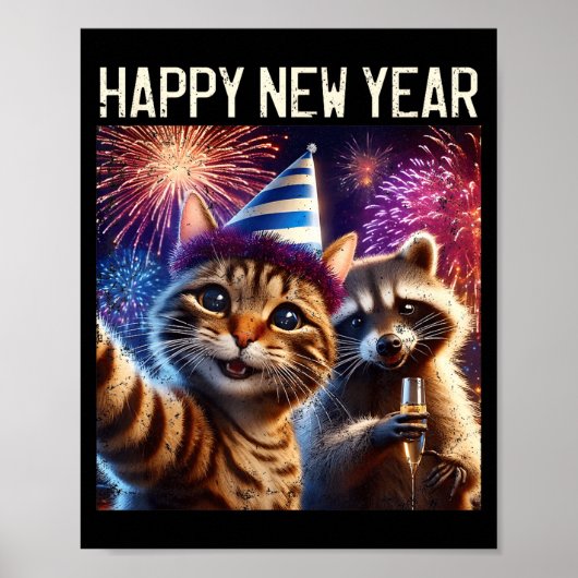 Happy New Year 2026 Cute Cat Raccoon Celebration Poster (Vorne)