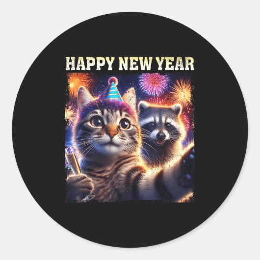 Happy New Year 2026 Cute Cat Raccoon Celebration Runder Aufkleber (Vorderseite)