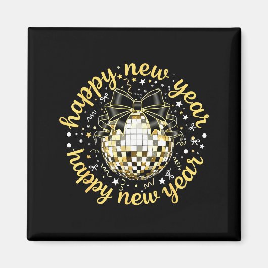 Happy New Year 2026 Disco Ball Gold Bow Coquette C Magnet (Vorne)