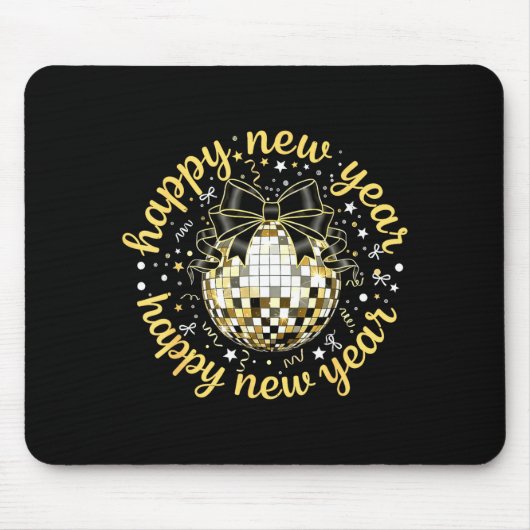 Happy New Year 2026 Disco Ball Gold Bow Coquette C Mousepad (Vorne)
