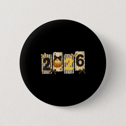Happy New Year 2026 Disco Ball Gold Coquette Bow F Button (Vorderseite)