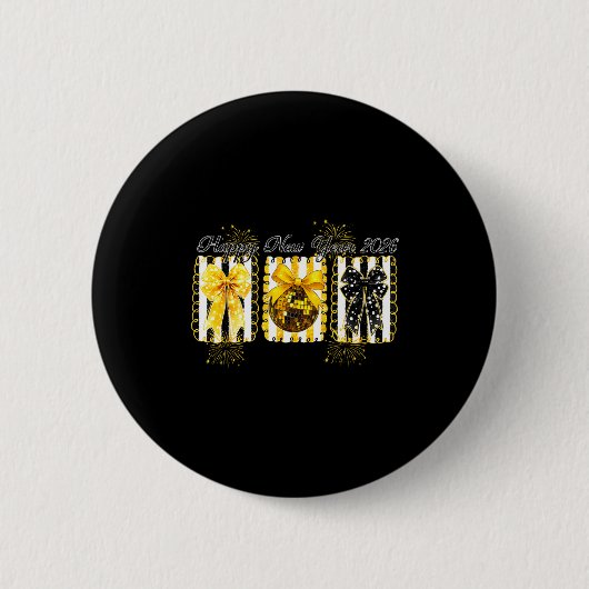 Happy New Year 2026 Disco Ball Gold Coquette Bow F Button (Vorderseite)