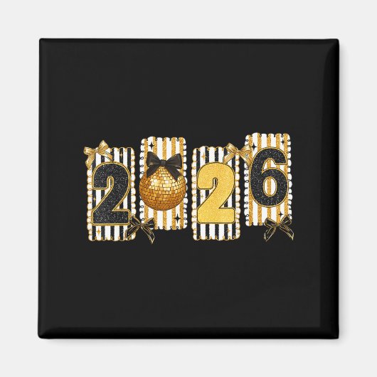 Happy New Year 2026 Disco Ball Gold Coquette Bow F Magnet (Vorne)