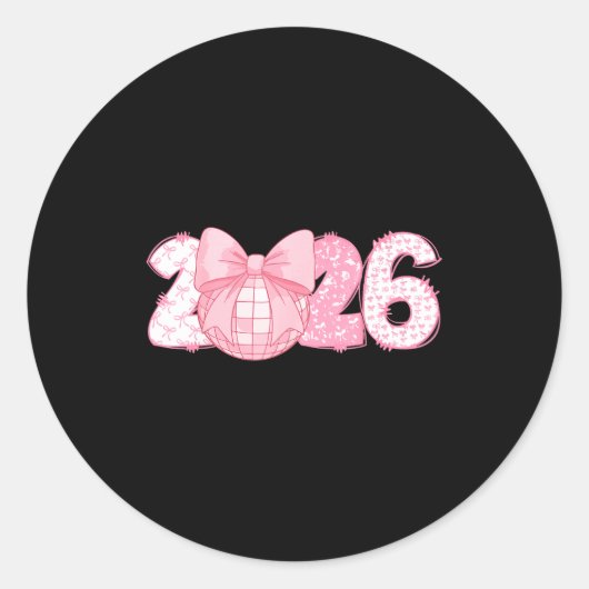 Happy New Year 2026 Disco Ball Nk Coquette Bow Fam Runder Aufkleber (Vorderseite)