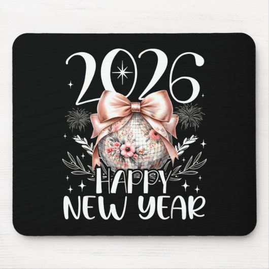 Happy New Year 2026 Disco Cute Bow Flower New Year Mousepad (Vorne)