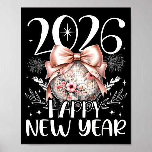 Happy New Year 2026 Disco Cute Bow Flower New Year Poster (Vorne)