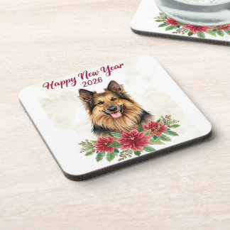 Happy New Year 2026 Dog Theme Coasters Getränkeuntersetzer