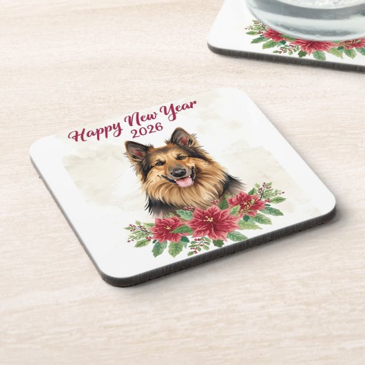 Happy New Year 2026 Dog Theme Coasters Getränkeuntersetzer (Linke Seite)