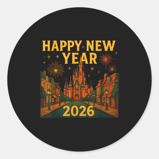 Happy New Year 2026 Fantasy Castle Fireworks Night Runder Aufkleber (Vorderseite)