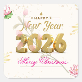 Happy New Year 2026 Festive Christmas Greenery Des Quadratischer Aufkleber