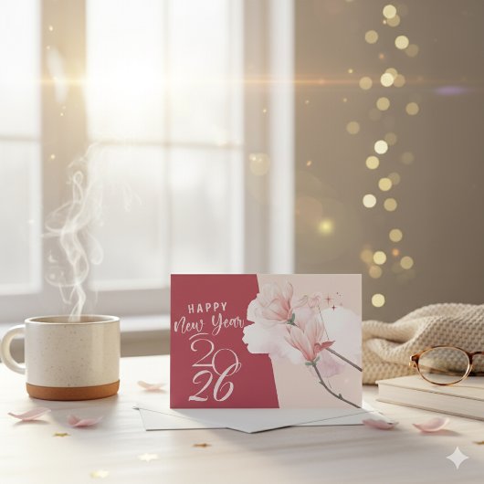 Happy New Year 2026 Floral Elegant Magnolia Design Mitteilungskarte