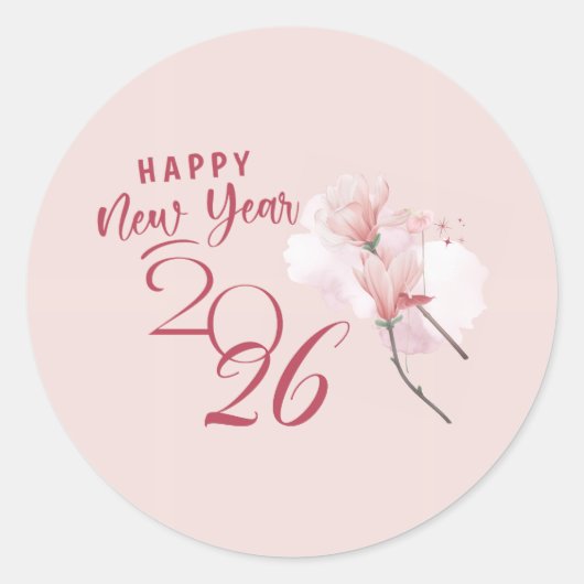 Happy New Year 2026 Floral Pink Round Sticker (Vorderseite)