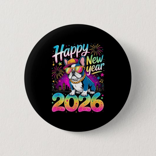 Happy New Year 2026 French Bulldog Fireworks Party Button (Vorderseite)