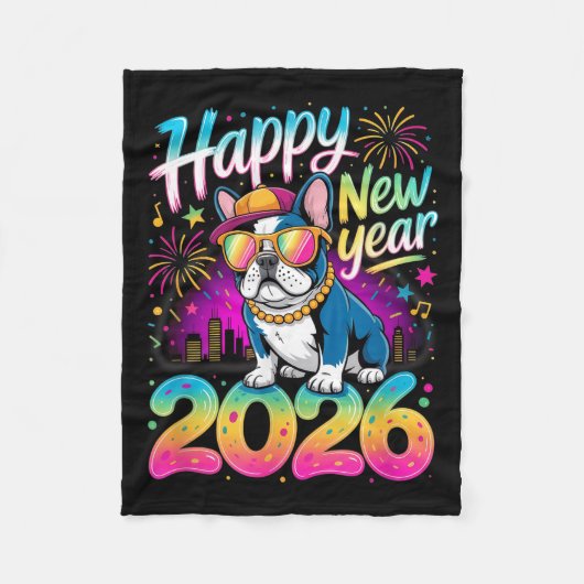 Happy New Year 2026 French Bulldog Fireworks Party Fleecedecke (Vorderseite)