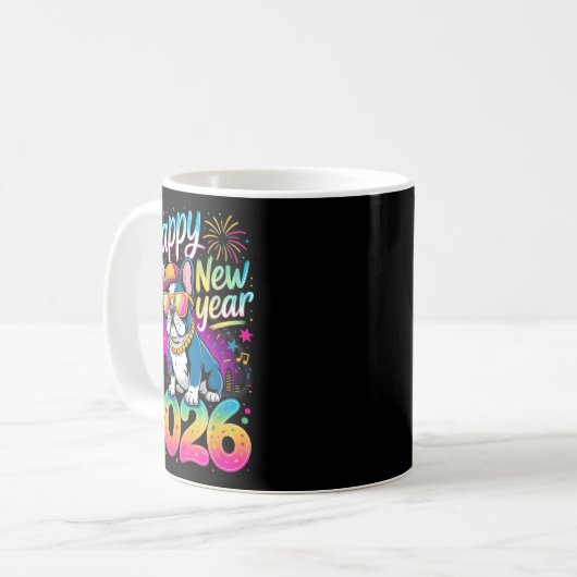 Happy New Year 2026 French Bulldog Fireworks Party Kaffeetasse (Vorderseite Links)