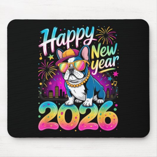 Happy New Year 2026 French Bulldog Fireworks Party Mousepad (Vorne)