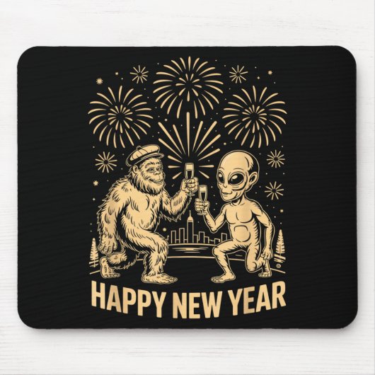 Happy New Year 2026 Funny Bigfoot And Alien Lovers Mousepad (Vorne)