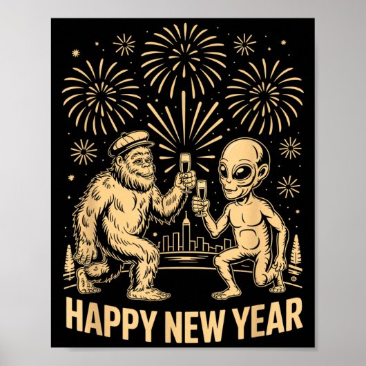 Happy New Year 2026 Funny Bigfoot And Alien Lovers Poster (Vorne)