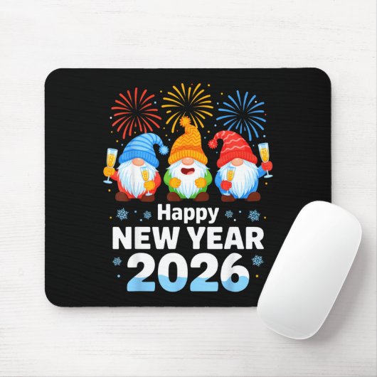 Happy New Year 2026 Gnome With Fireworks And Champ Mousepad (Mit Mouse)