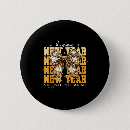 Happy New Year 2026 Gold Coquette Bow Disco Ball C Button (Vorderseite)