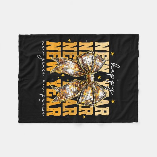 Happy New Year 2026 Gold Coquette Bow Disco Ball C Fleecedecke (Vorderseite (Horizontal))