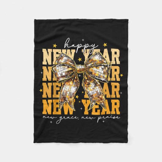 Happy New Year 2026 Gold Coquette Bow Disco Ball C Fleecedecke (Vorderseite)