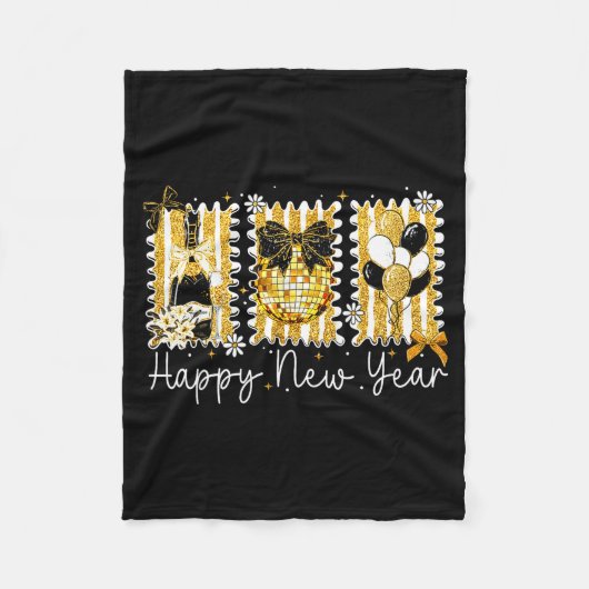 Happy New Year 2026 Gold Coquette Bow Disco Ball C Fleecedecke (Vorderseite)