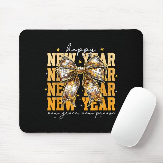 Happy New Year 2026 Gold Coquette Bow Disco Ball C Mousepad (Mit Mouse)