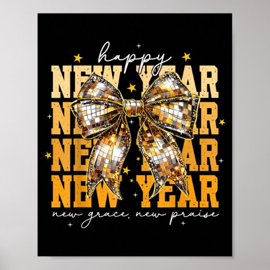 Happy New Year 2026 Gold Coquette Bow Disco Ball C Poster (Vorne)