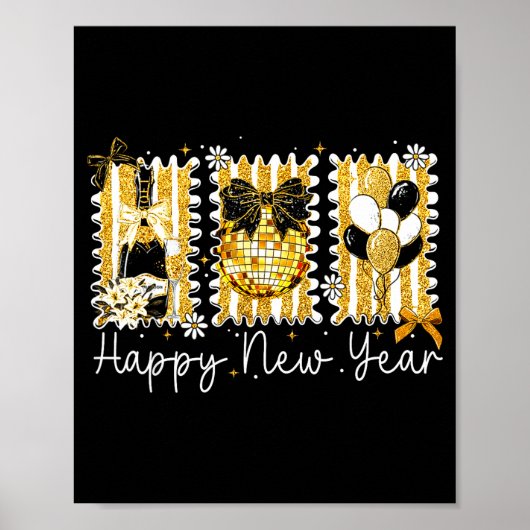 Happy New Year 2026 Gold Coquette Bow Disco Ball C Poster (Vorne)