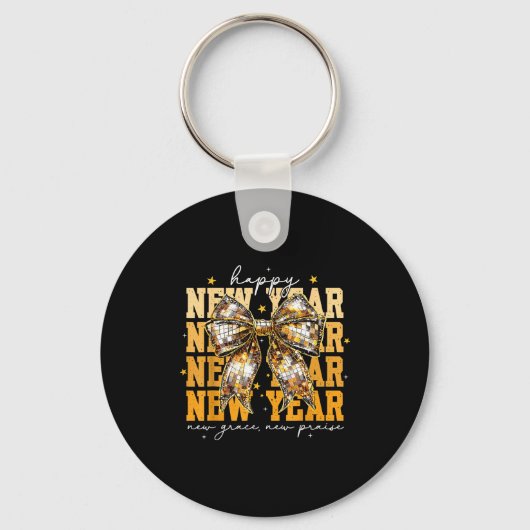 Happy New Year 2026 Gold Coquette Bow Disco Ball C Schlüsselanhänger (Vorderseite)