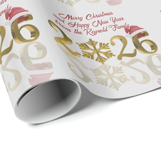Happy New Year 2026 Gold | Snowflake and Santa Hat Geschenkpapier (Rolleneckpunkt)