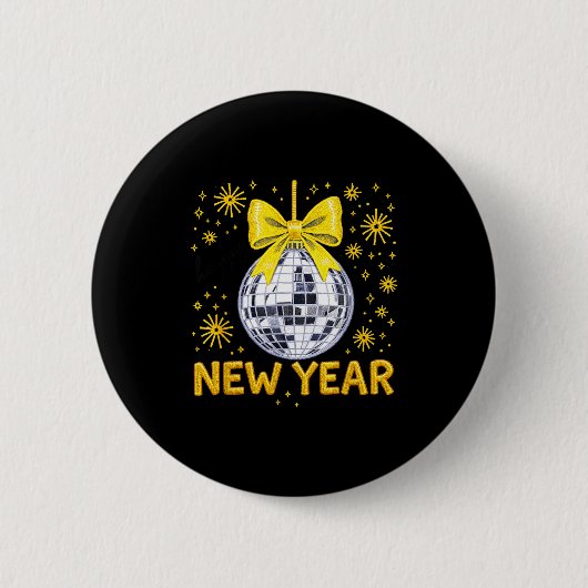 Happy New Year 2026 Golden Disco Ball Bow New Year Button (Vorderseite)