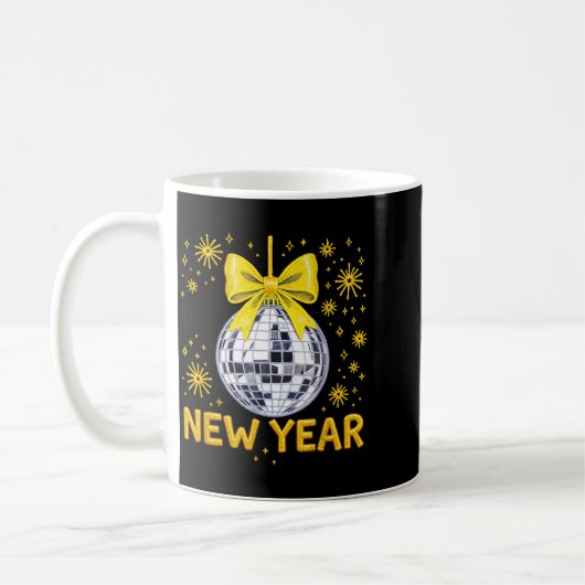 Happy New Year 2026 Golden Disco Ball Bow New Year Kaffeetasse (Links)