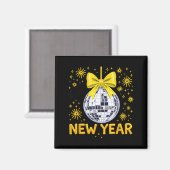 Happy New Year 2026 Golden Disco Ball Bow New Year Magnet (Vorderseite/Rückseite)