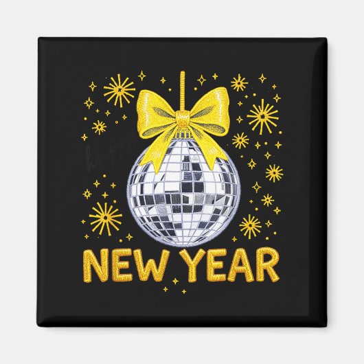 Happy New Year 2026 Golden Disco Ball Bow New Year Magnet (Vorne)