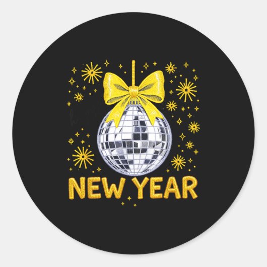Happy New Year 2026 Golden Disco Ball Bow New Year Runder Aufkleber (Vorderseite)