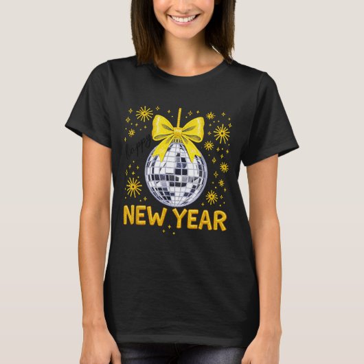 Happy New Year 2026 Golden Disco Ball Bow New Year T-Shirt (Vorderseite)