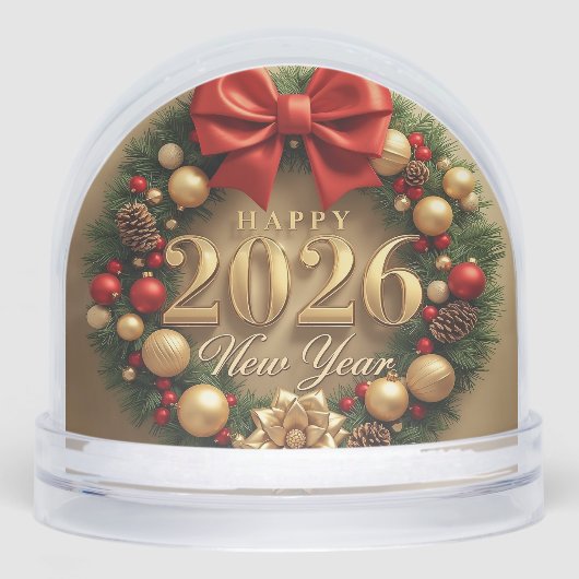 happy new year 2026 golden wreath snow globe schneekugeln (Vorderseite)