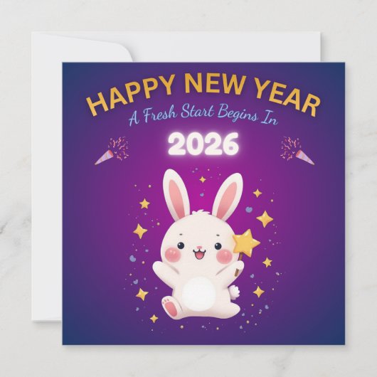 Happy New Year 2026 Greeting Card with Cute Bunny Karte (Vorderseite)