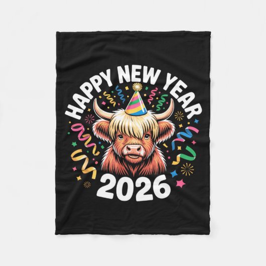 Happy New Year 2026 Highland Cow & Party Hat N Fleecedecke (Vorderseite)