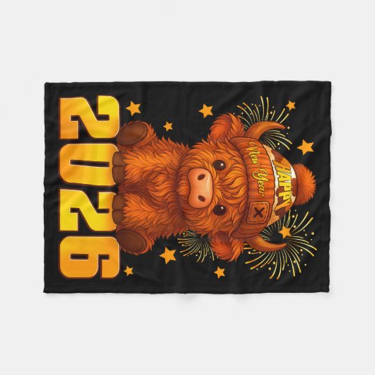 Happy New Year 2026 Highland Cow & Party Hat N Fleecedecke (Vorderseite (Horizontal))
