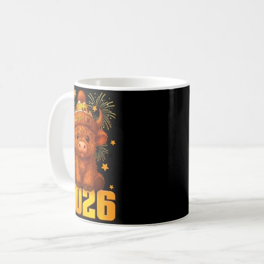 Happy New Year 2026 Highland Cow & Party Hat N Kaffeetasse (Vorderseite Links)