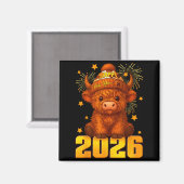 Happy New Year 2026 Highland Cow & Party Hat N Magnet (Vorderseite/Rückseite)