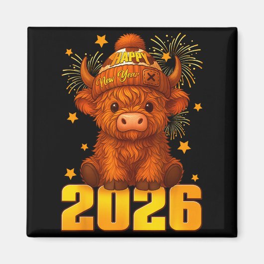 Happy New Year 2026 Highland Cow & Party Hat N Magnet (Vorne)